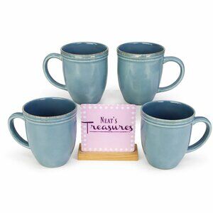 Rachael Ray CUCINA AGAVE BLUE Embossed Edge Rim Stoneware 14oz Cups Mugs Set 4
